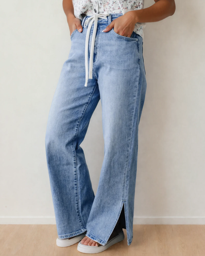 Side Slit High Rise Drawstring Jeans