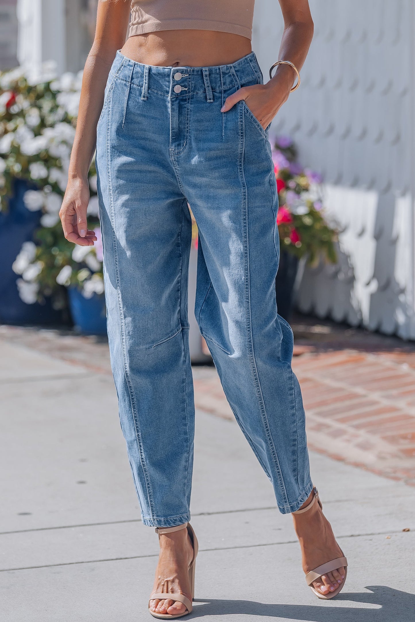 Sky Wash Cuffed Barrel Jeans