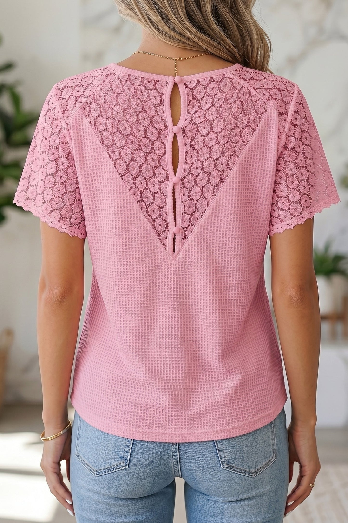 Waffle Knit Lace Cutout Blouse