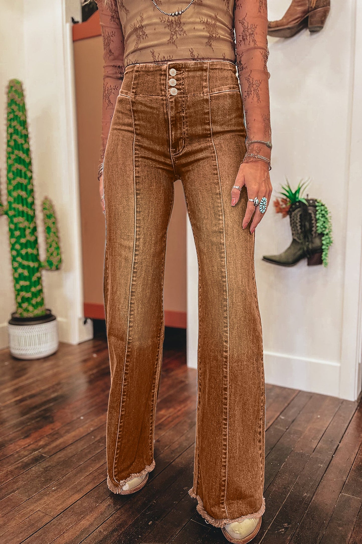 High Waist Button Fly Seamed Raw Hem Flare Jeans Coffee