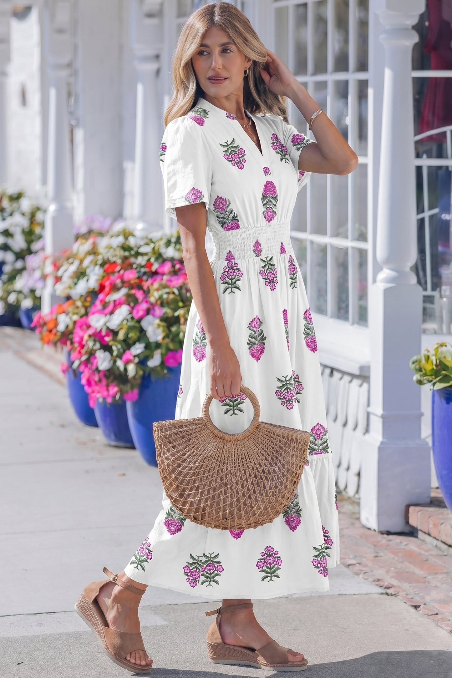Split Neckline Short Sleeve Maxi Dress White