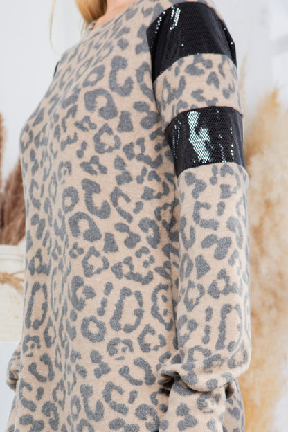 Sequin Foil Contrast Leopard Print Pullover
