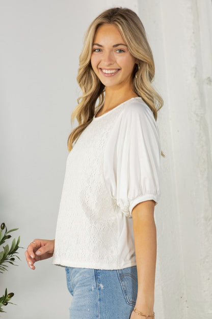 Lace Overlay Puff Sleeve Blouse