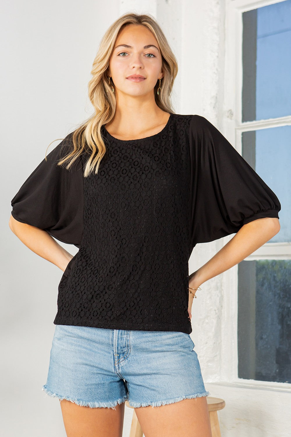Lace Overlay Puff Sleeve Blouse