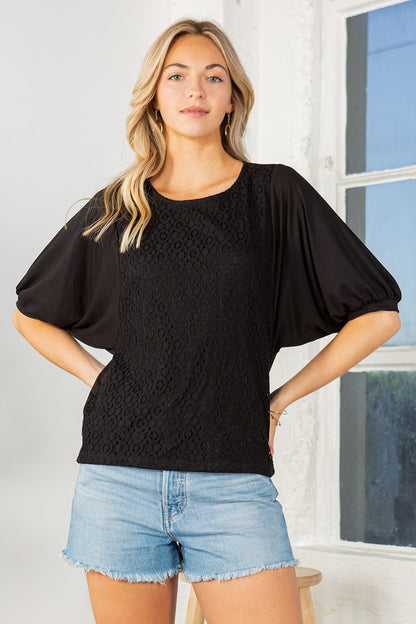 Lace Overlay Puff Sleeve Blouse