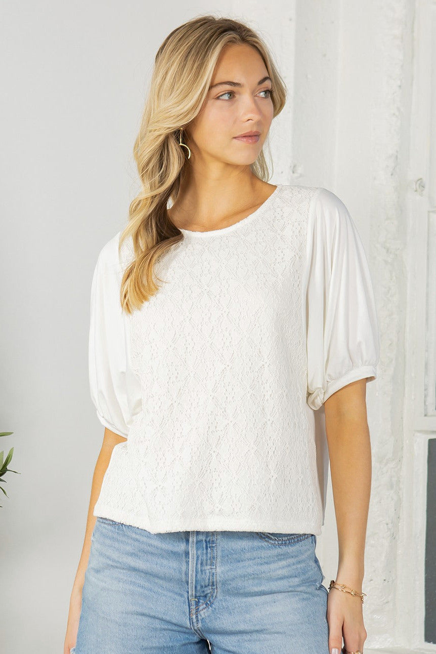 Lace Overlay Puff Sleeve Blouse