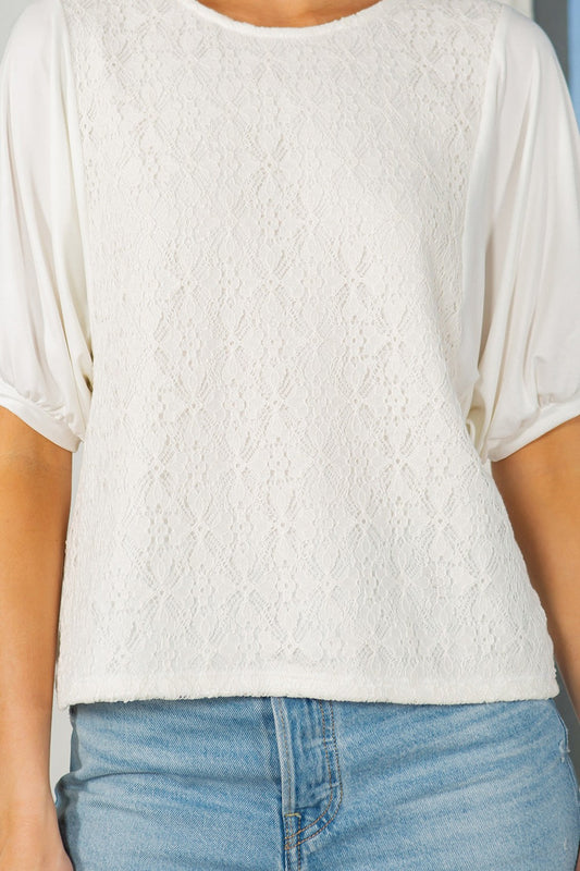 Lace Overlay Puff Sleeve Blouse