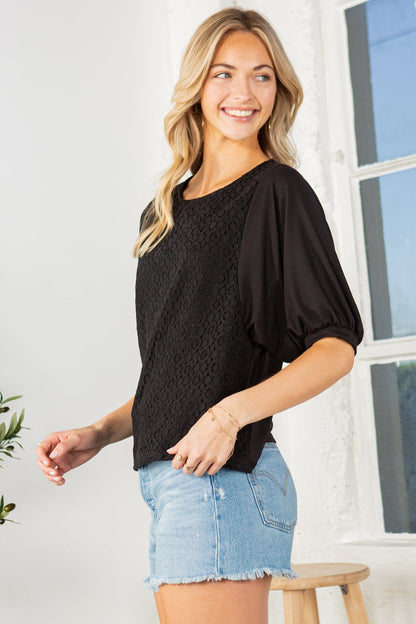 Lace Overlay Puff Sleeve Blouse