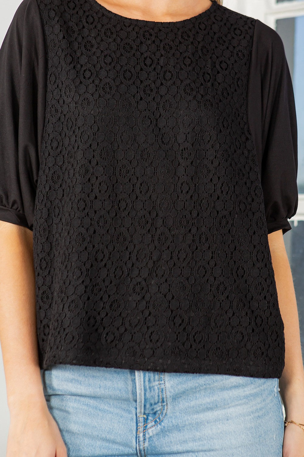 Lace Overlay Puff Sleeve Blouse