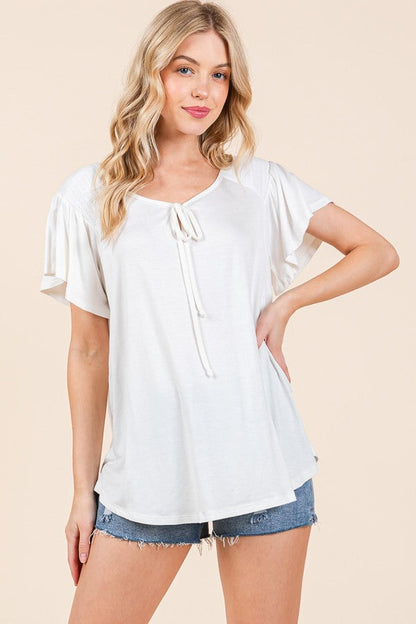 Smocked Shoulder Keyhole Loose Top