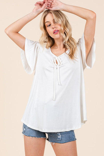 Smocked Shoulder Keyhole Loose Top