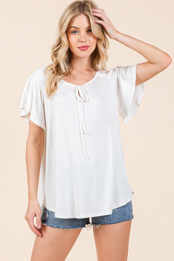 Smocked Shoulder Keyhole Loose Top