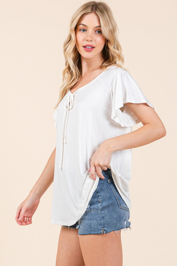 Smocked Shoulder Keyhole Loose Top