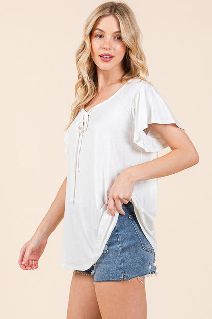 Smocked Shoulder Keyhole Loose Top