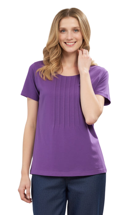 Short Sleeve Pintuck Scoop Neck Cotton Tee