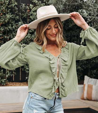 Meadow Mist Green Bow Tie Front V-Neck Gauze Blouse