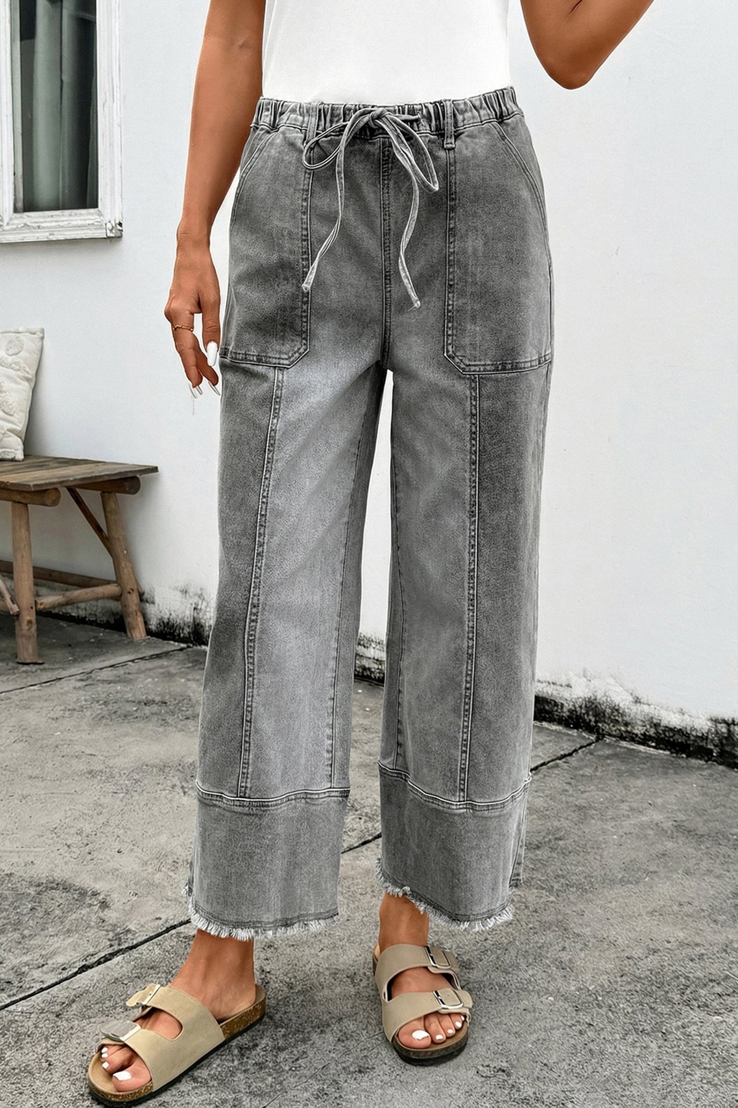 Fray Hem Wide Leg Denim Pants