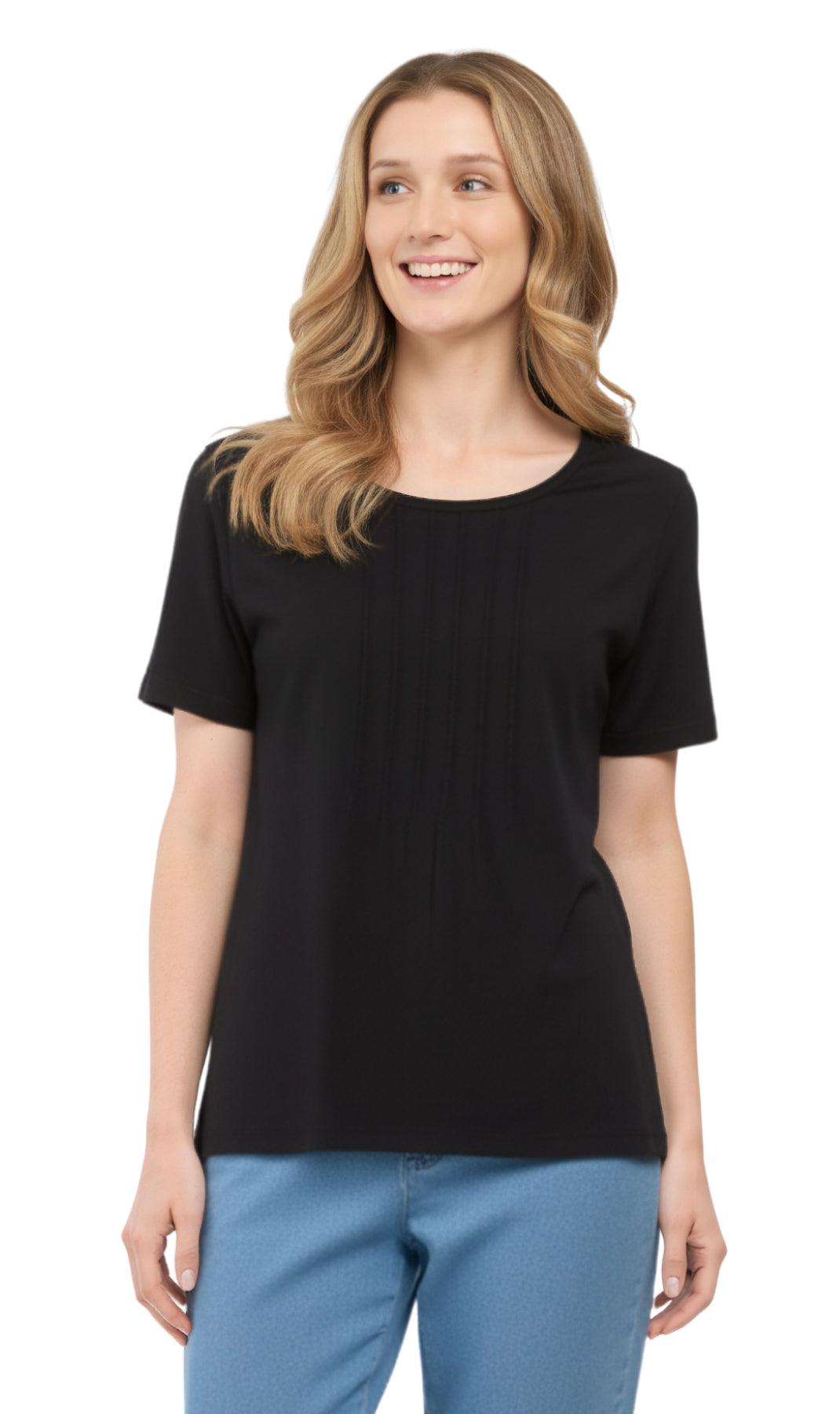 Short Sleeve Pintuck Scoop Neck Cotton Tee