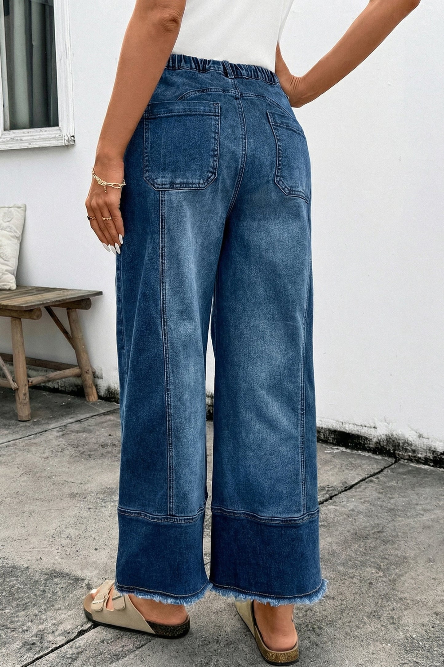 Fray Hem Wide Leg Denim Pants Prussian