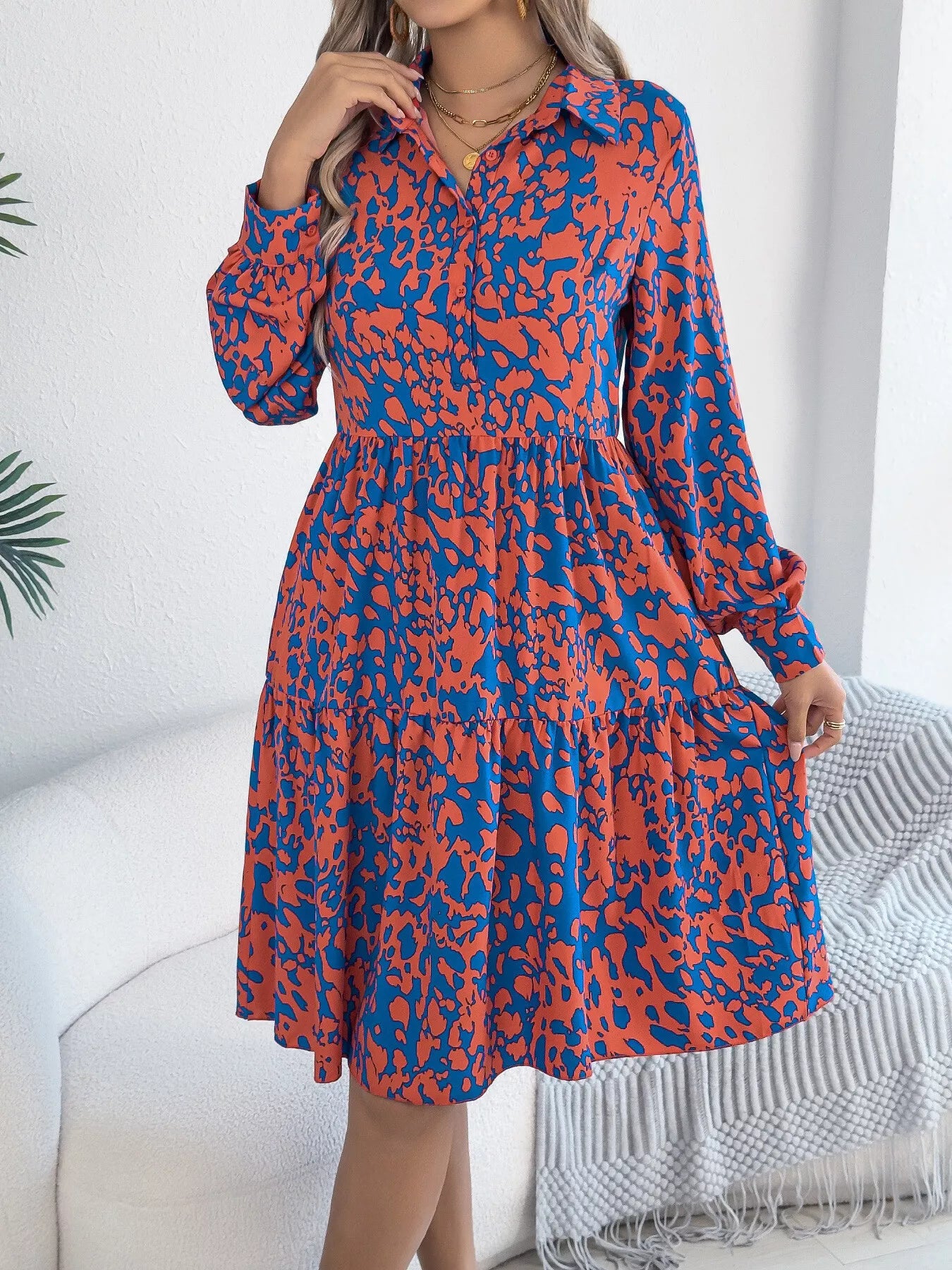 Collared Neck Long Sleeve Print Dress