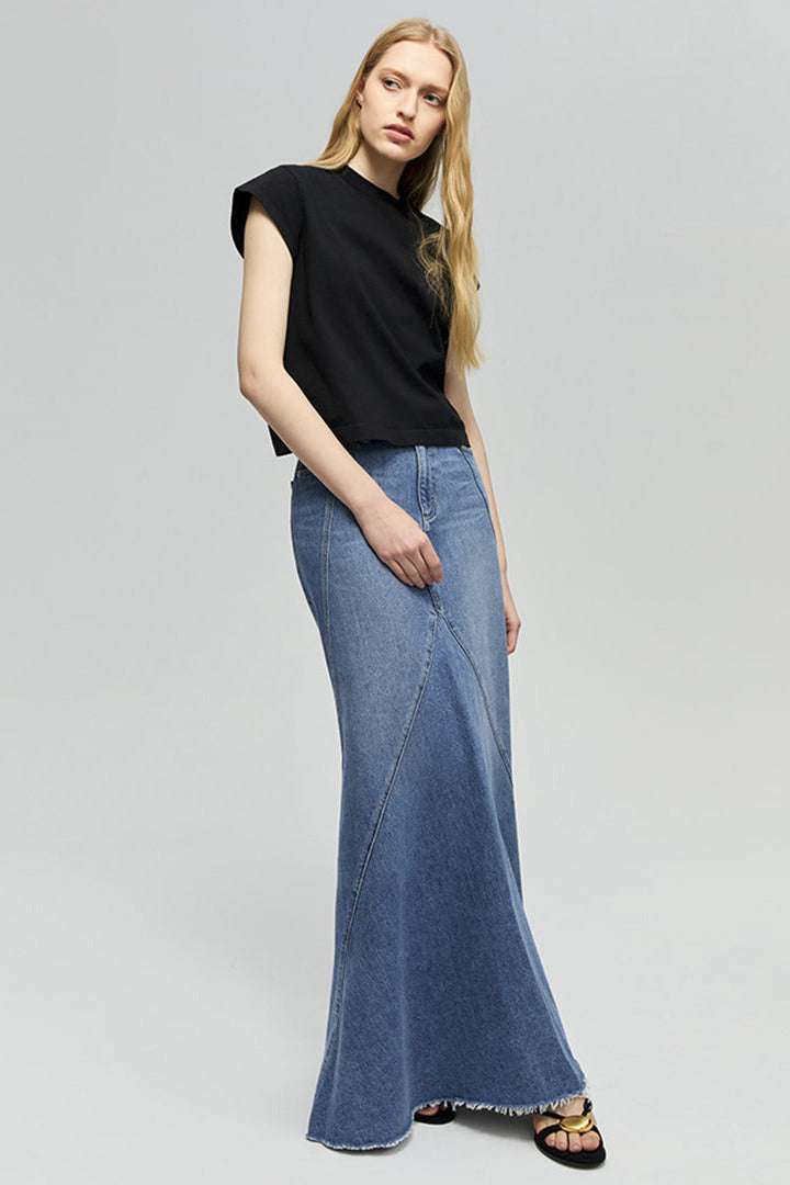 Wave Fit & Flare Long Denim Skirt