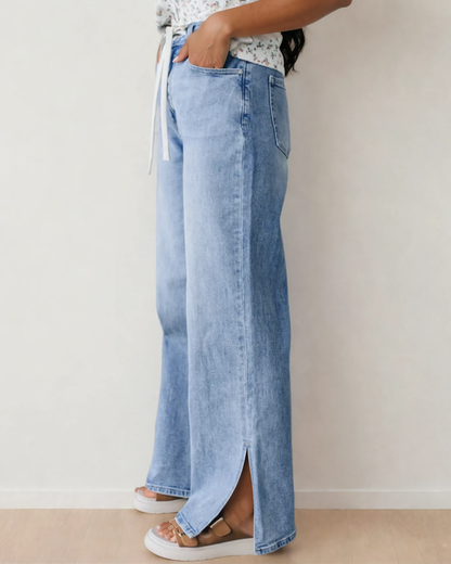 Side Slit High Rise Drawstring Jeans