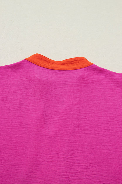 Color Block Wide Short Sleeve Blouse