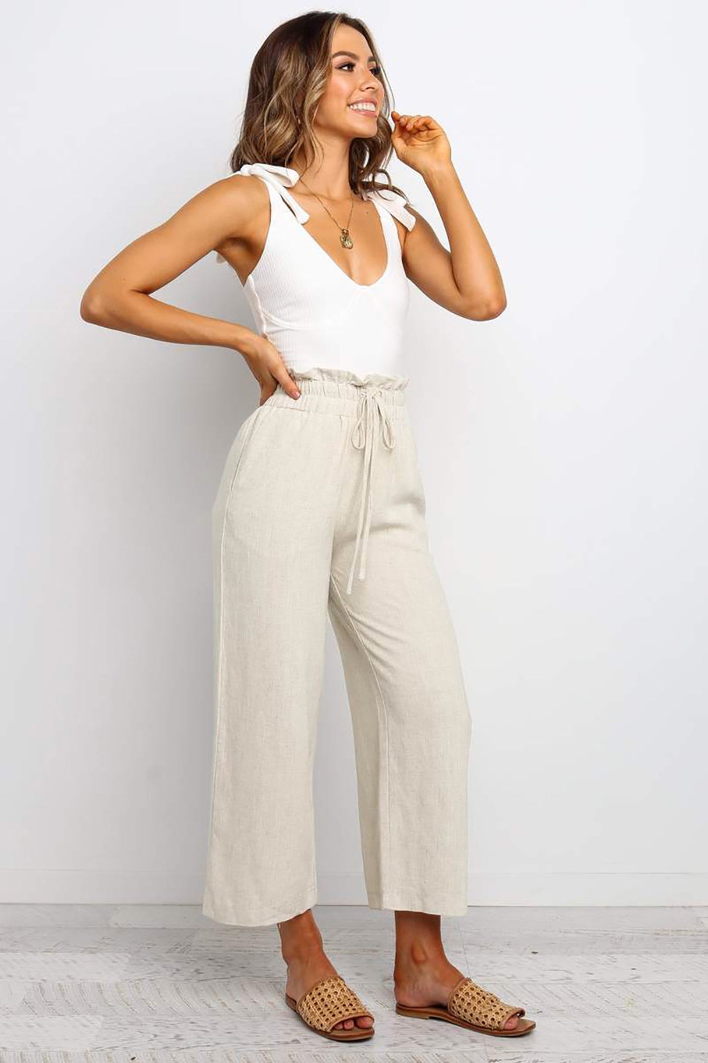 Khaki Straight Leg Cropped Pants