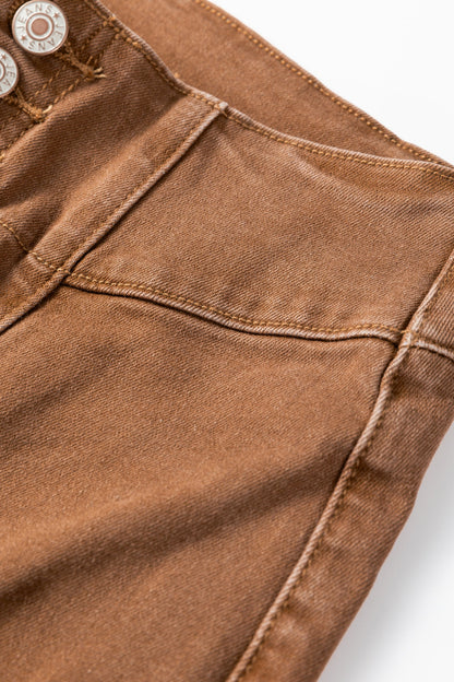 High Waist Button Fly Seamed Raw Hem Flare Jeans Coffee