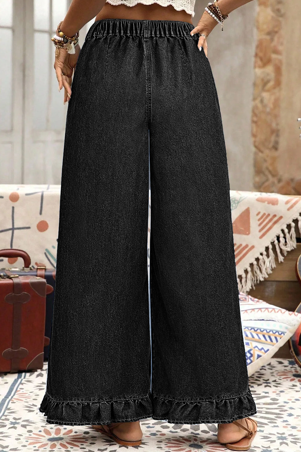 Plus Contemporary Ruffled Wide Leg Denim Pants