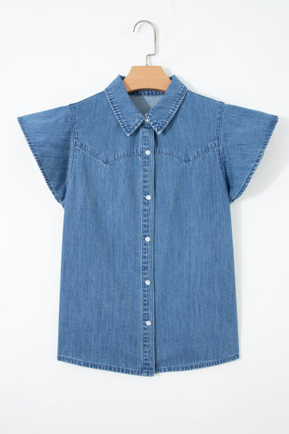 Ruffled Short Sleeve Denim Shirt