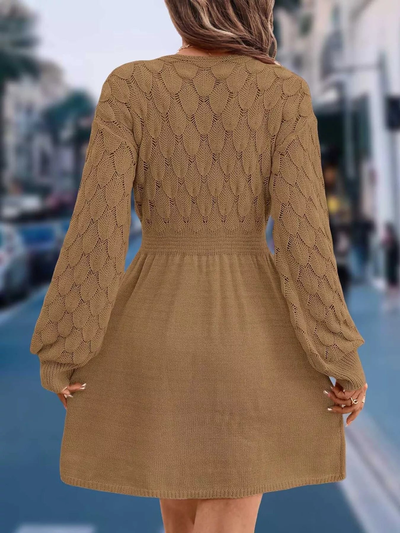 V-Neck Open Work Long Sleeve Sweater Dress