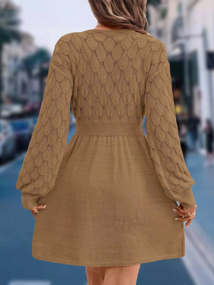 V-Neck Open Work Long Sleeve Sweater Dress