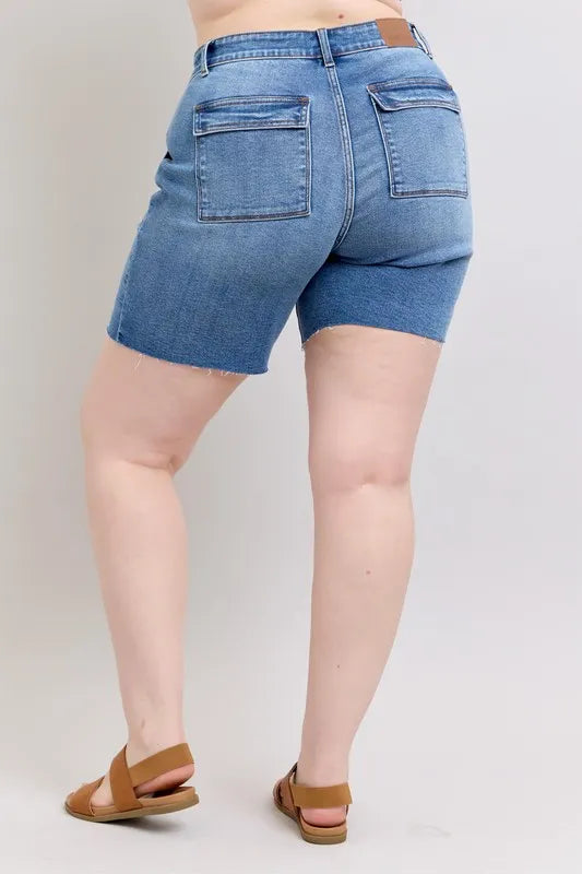 Mid Rise Bermuda Denim Back Flap Shorts