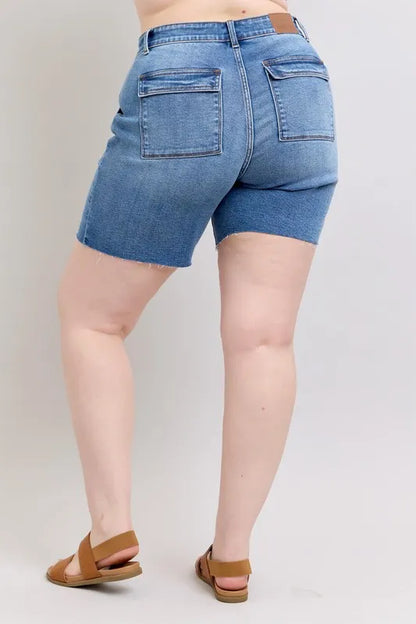 Mid Rise Bermuda Denim Back Flap Shorts
