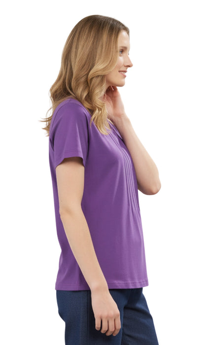 Short Sleeve Pintuck Scoop Neck Cotton Tee
