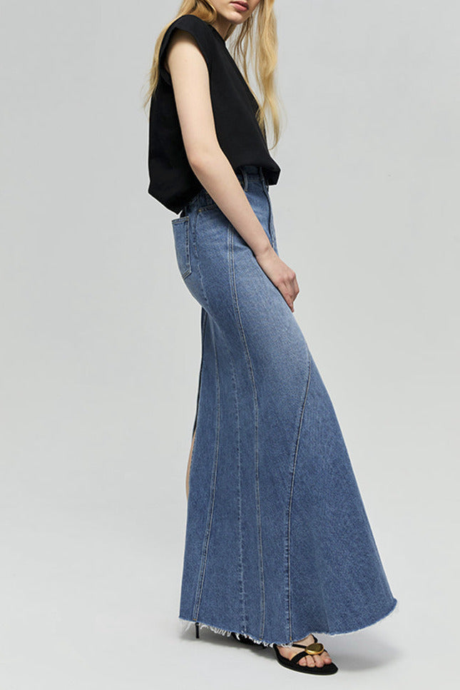 Wave Fit & Flare Long Denim Skirt