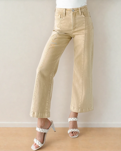 Seamed Center Wide Leg Denim Pants Apricot