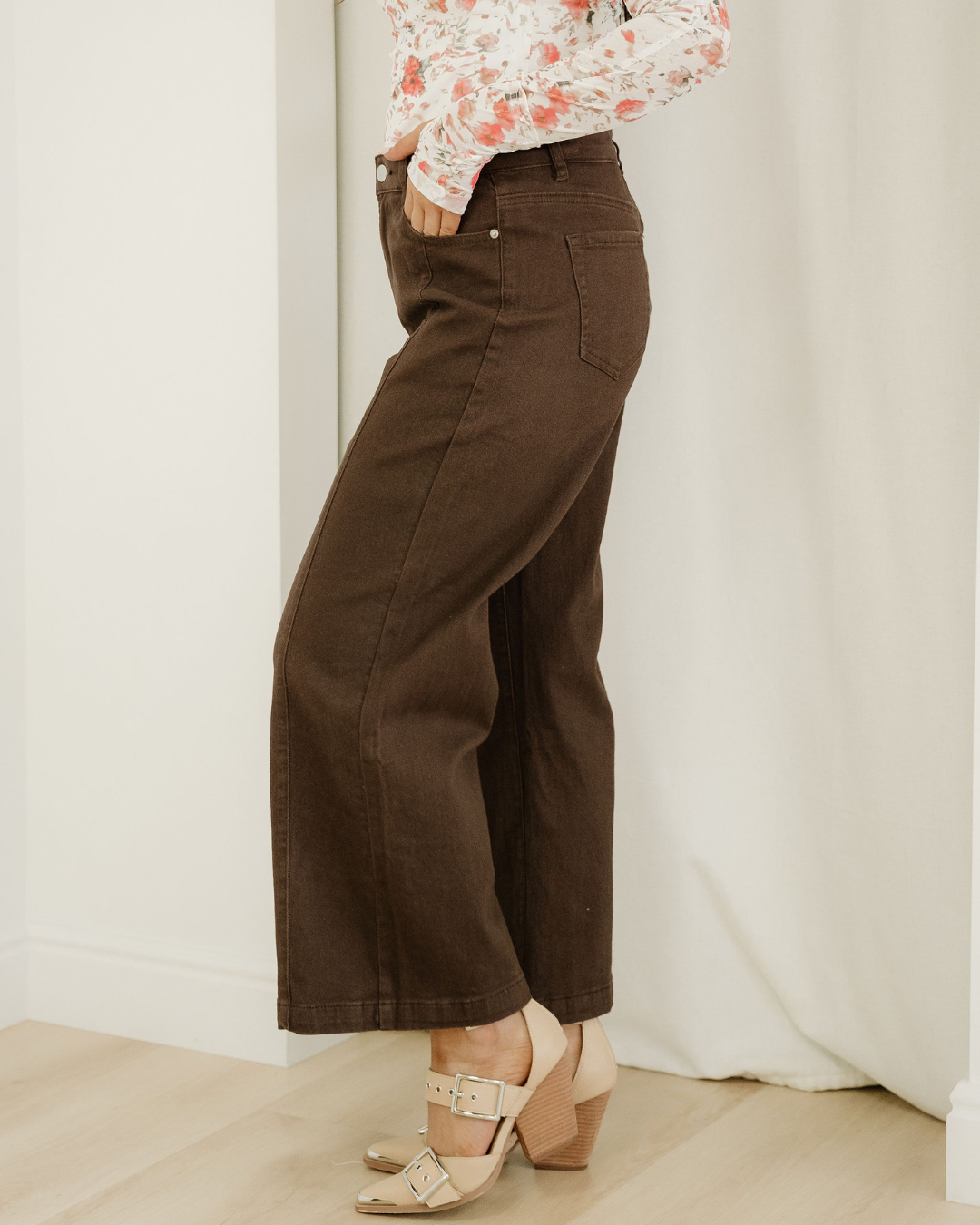 Seamed Center Wide Leg Denim Pants Sandalwood