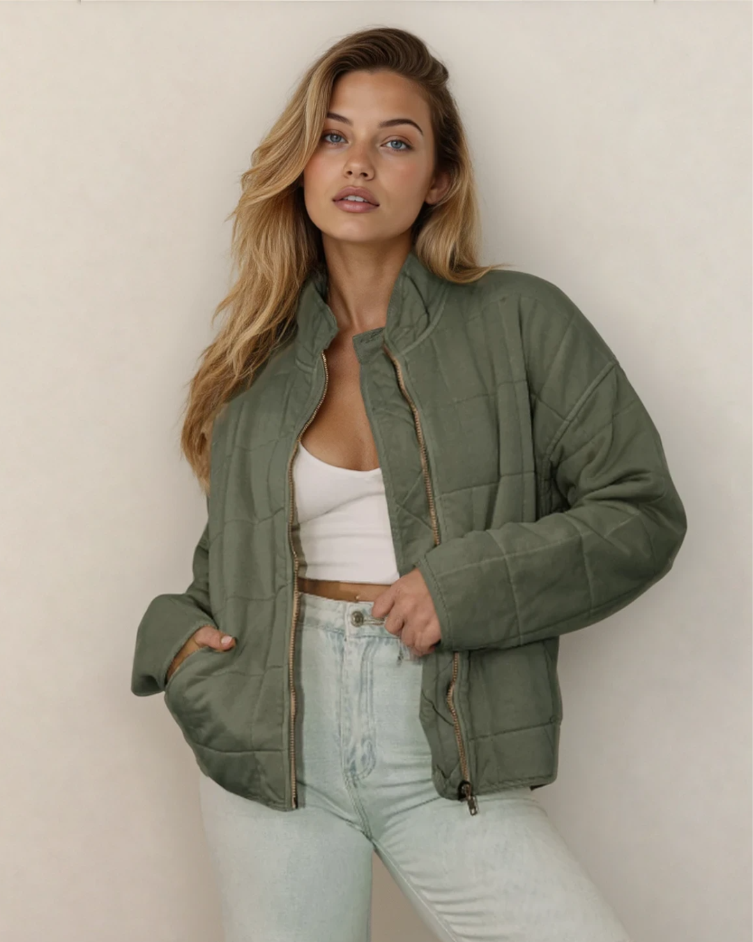 Zip-Up Pocket Quilted Jacket Green