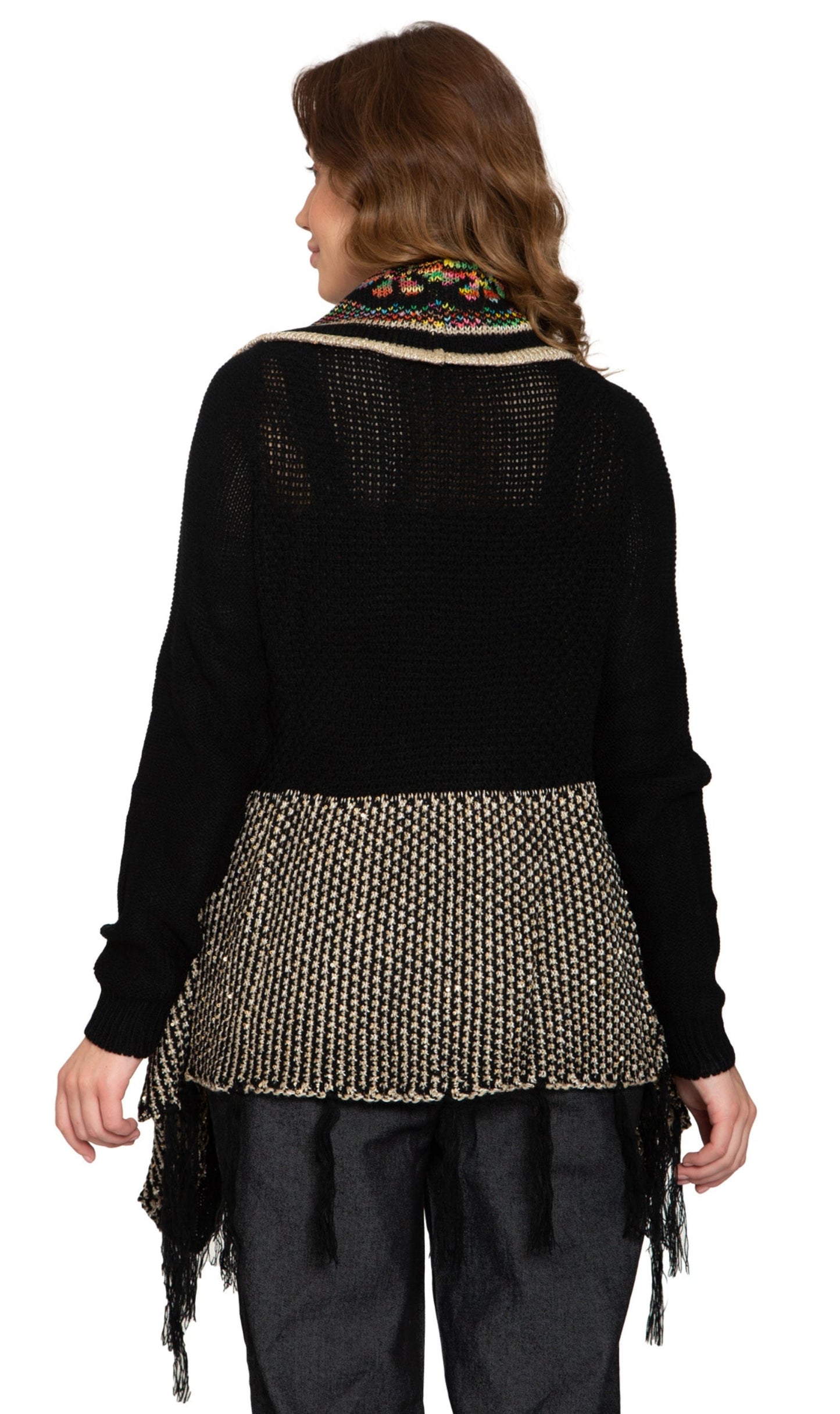 Fringed Jacquard Weave Long Cardigan