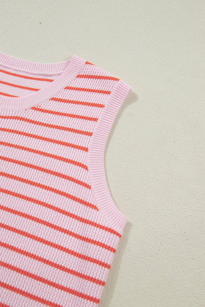 Knit Sleeveless Casual Pink Stripe Top