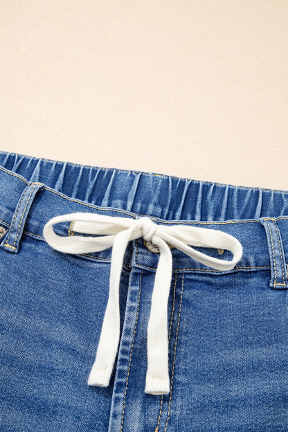 High Rise Lace Tie Whiskered Jeans