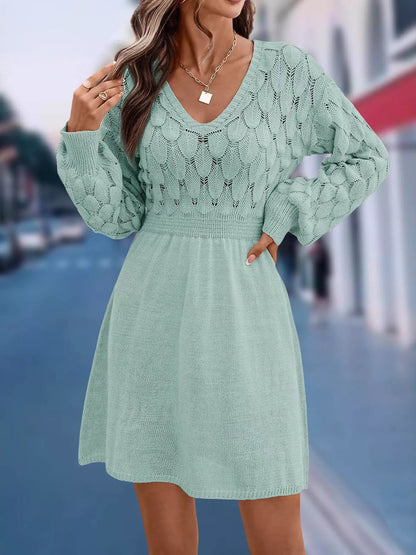 V-Neck Open Work Long Sleeve Sweater Dress