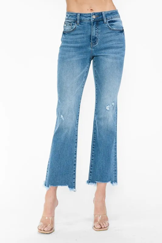 Raw Hem Distressed Mid Rise Jeans