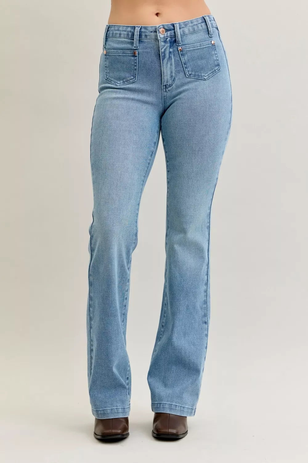 Mid Rise Bootcut Patch Pocket Jeans