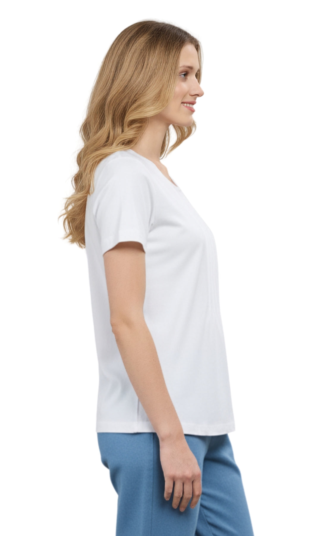Short Sleeve Pintuck Scoop Neck Cotton Tee