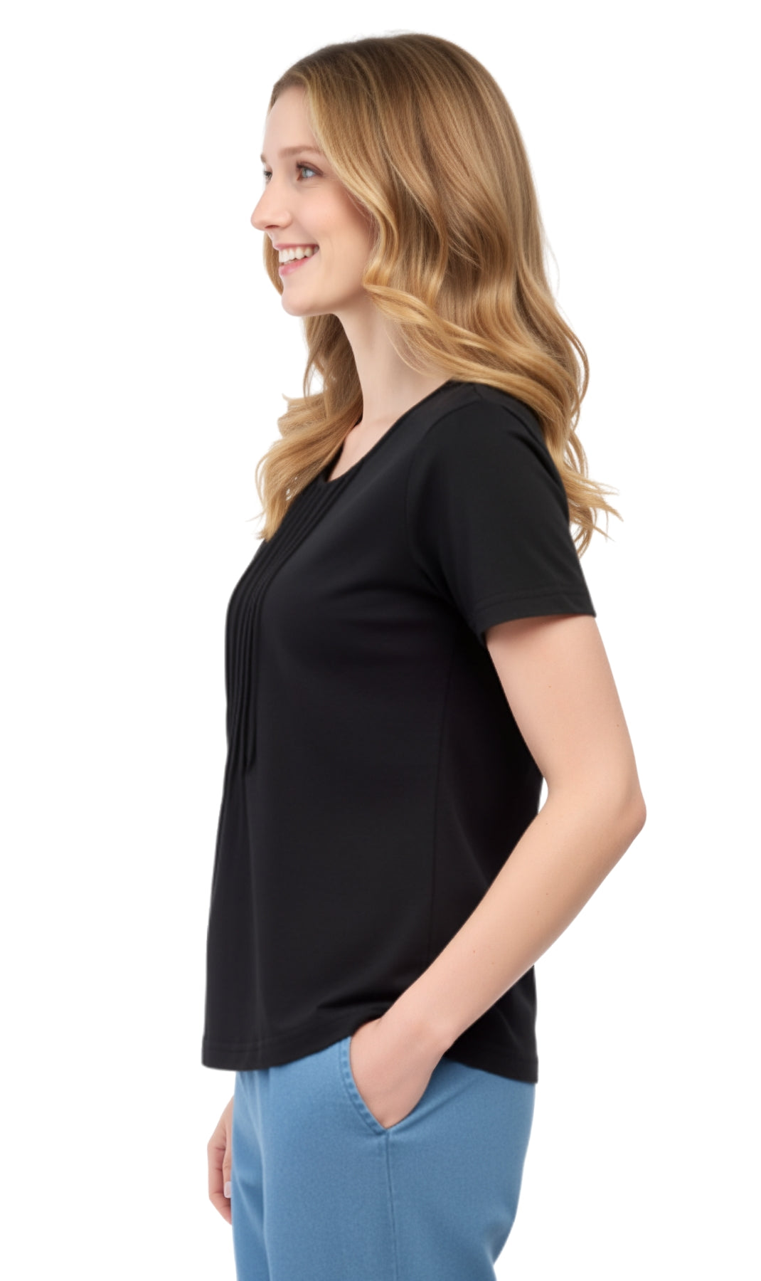 Short Sleeve Pintuck Scoop Neck Cotton Tee