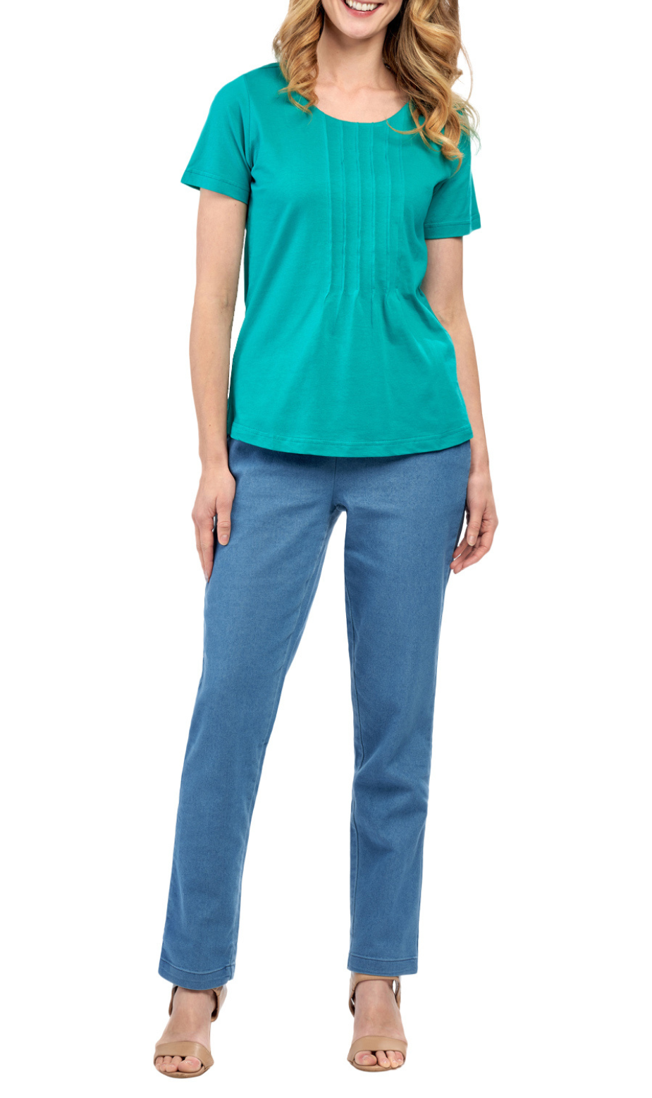 Short Sleeve Pintuck Scoop Neck Cotton Tee