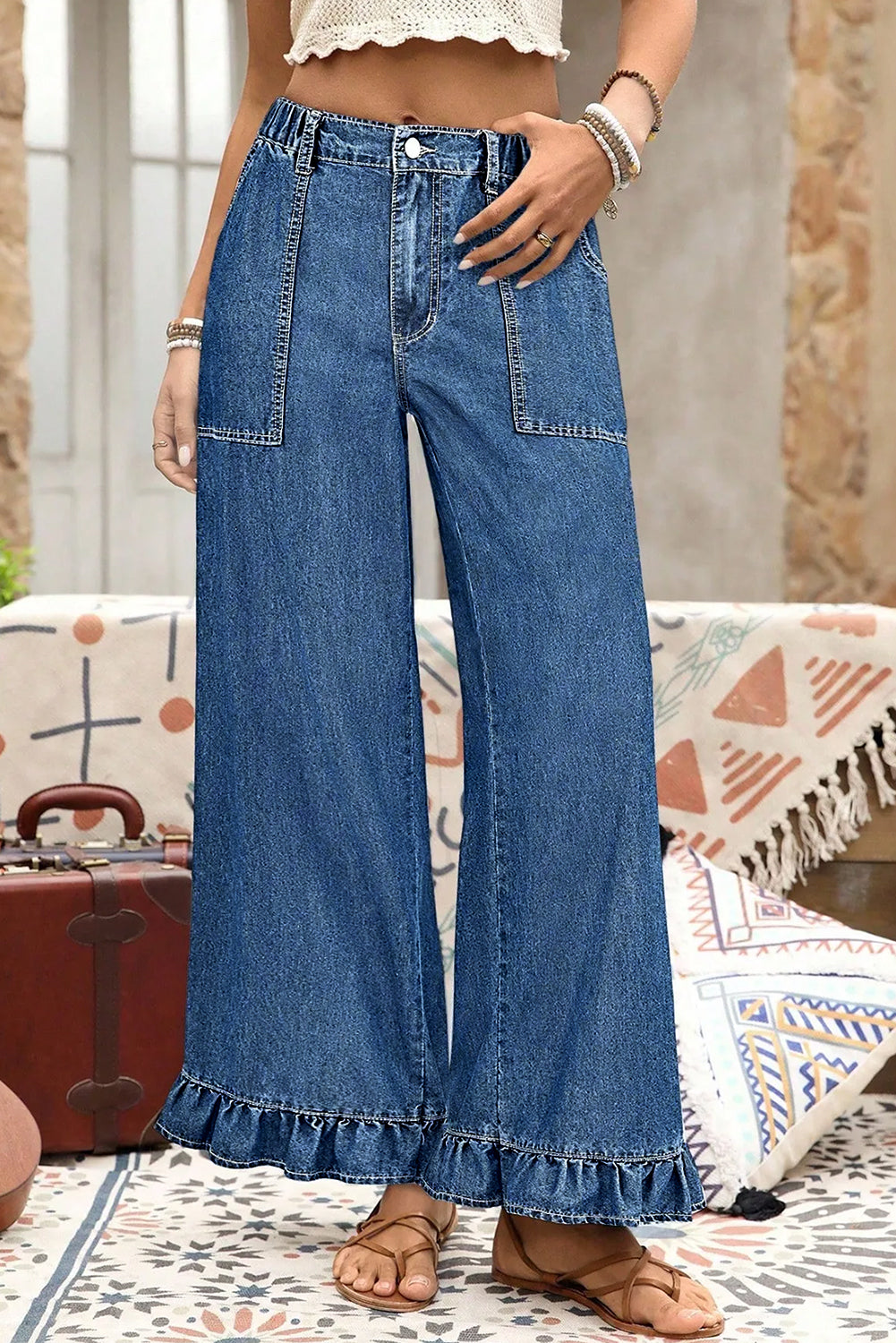 Plus Contemporary Ruffled Wide Leg Denim Pants